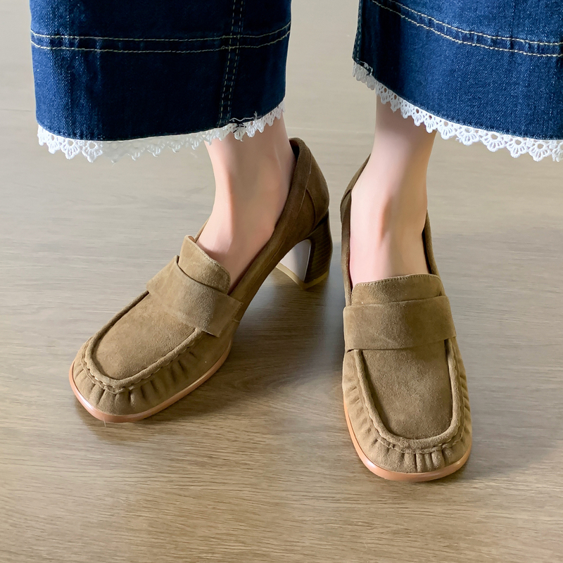 6.5cm High Heel Chunky Heel Single Shoes for Women, Sheepskin Retro Style Suede Loafers, Slip-On Versatile Small Leather Shoes