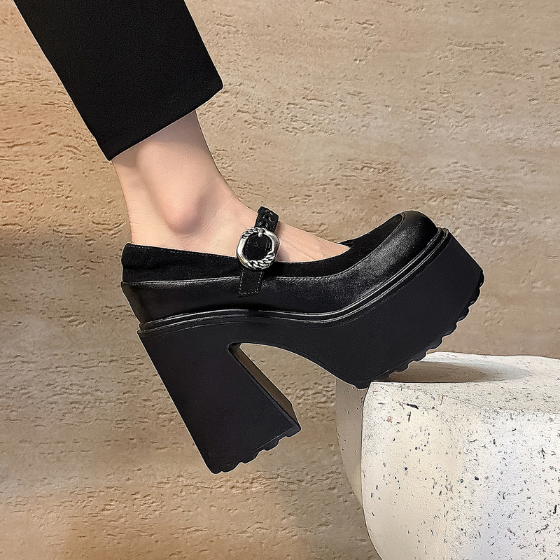 11.5cm Ultra-High Heel Platform Mary Jane Shoes for Women, Chunky Heel Single Shoes, Shallow Mouth, Height-Increasing Waterproof Platform Buckle Strap Small Leather Shoes