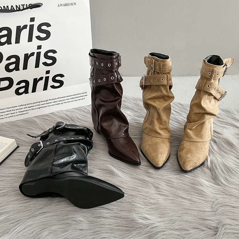 Retro High-Heeled Belt Buckle Pointed Toe Mid-Calf Pants Boots for Women 2026 Autum New Slimming Short Boots Knight Boots