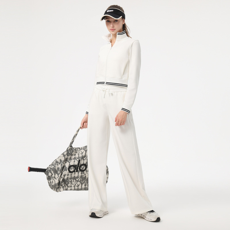 Autumn and Winter Tennis Suit for Women, White Long-Sleeved Sports Suit, Zipper Jacket, Wide-Leg Pants, Two-Piece Casual Sweatshirt