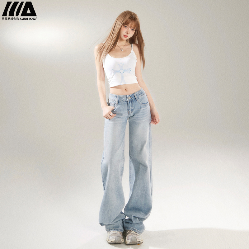 Aros Light Blue Wide-Leg Jeans for Women, Spring 2026 New Style, Low-Waisted, Slimming, Petite, Loose Straight-Leg Pants Aros Light Blue Wide-Leg Jeans for Women, Spring 2026 New Style, Low-Waisted, Slimming, Petite, Loose Straight-Leg Pants