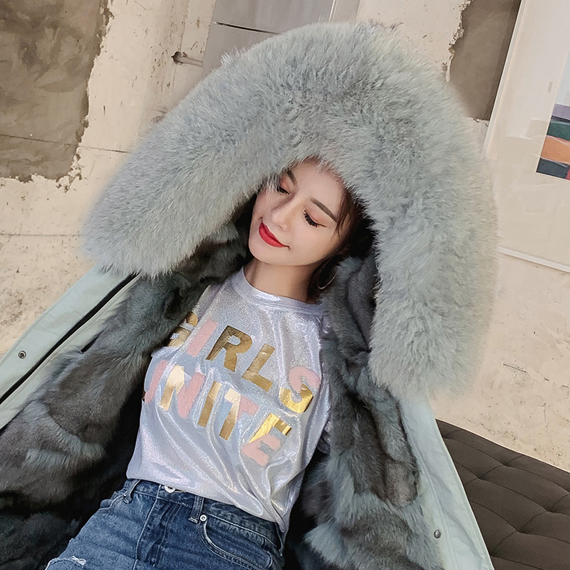 Removable Henning Fur Coat 2019 Winter Pie vượt qua nữ Trong dài Fox tóc Bên Trong đầu gối Coat