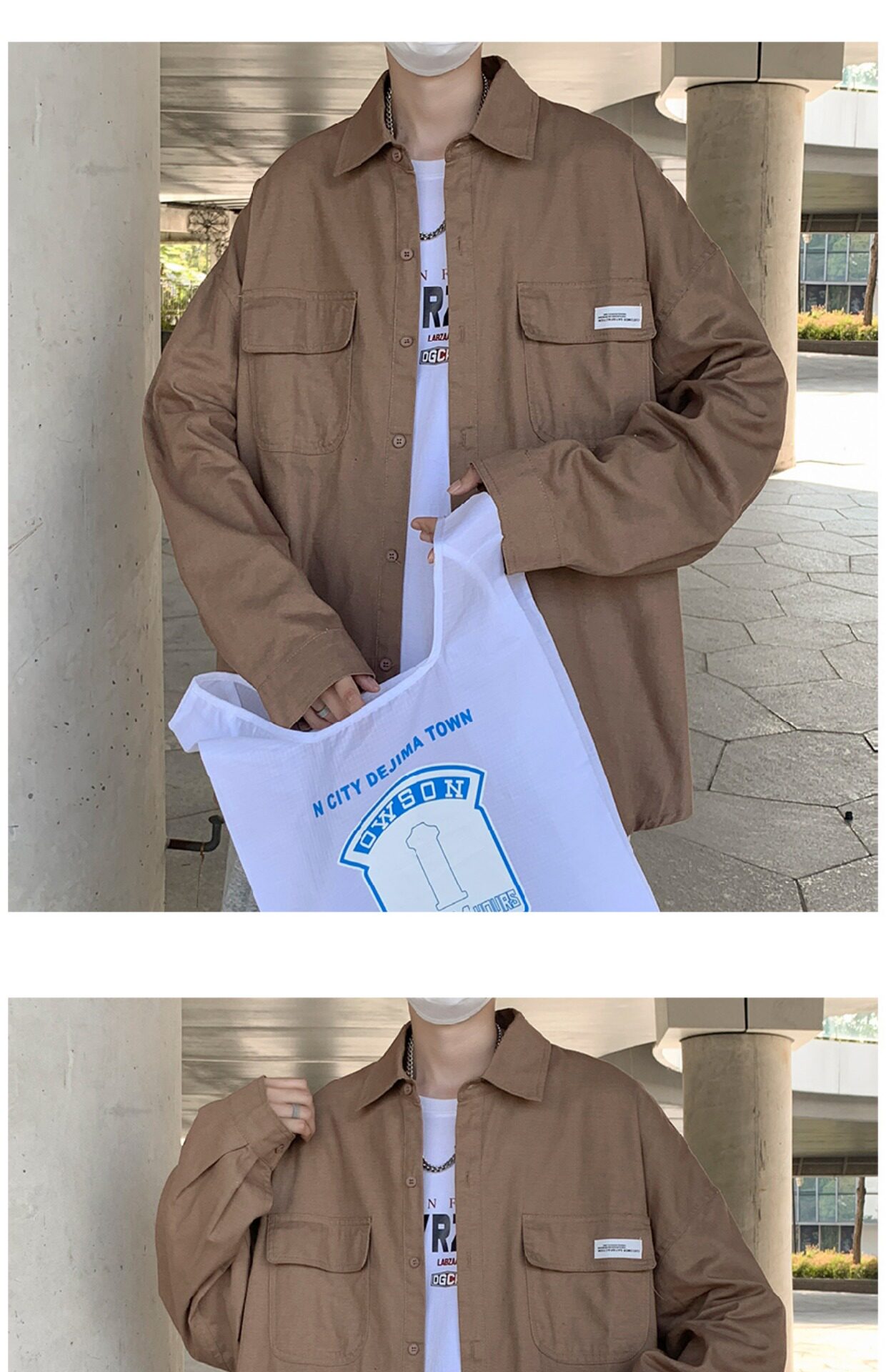 日系cityboy翻领衬衫男春秋季宽松百搭简约纯色外套帅气工装上衣详情25