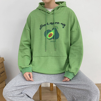 New autumn hooded sweater men loose plus velvet trend Korean avocado green coat autumn and winter Joker outfit