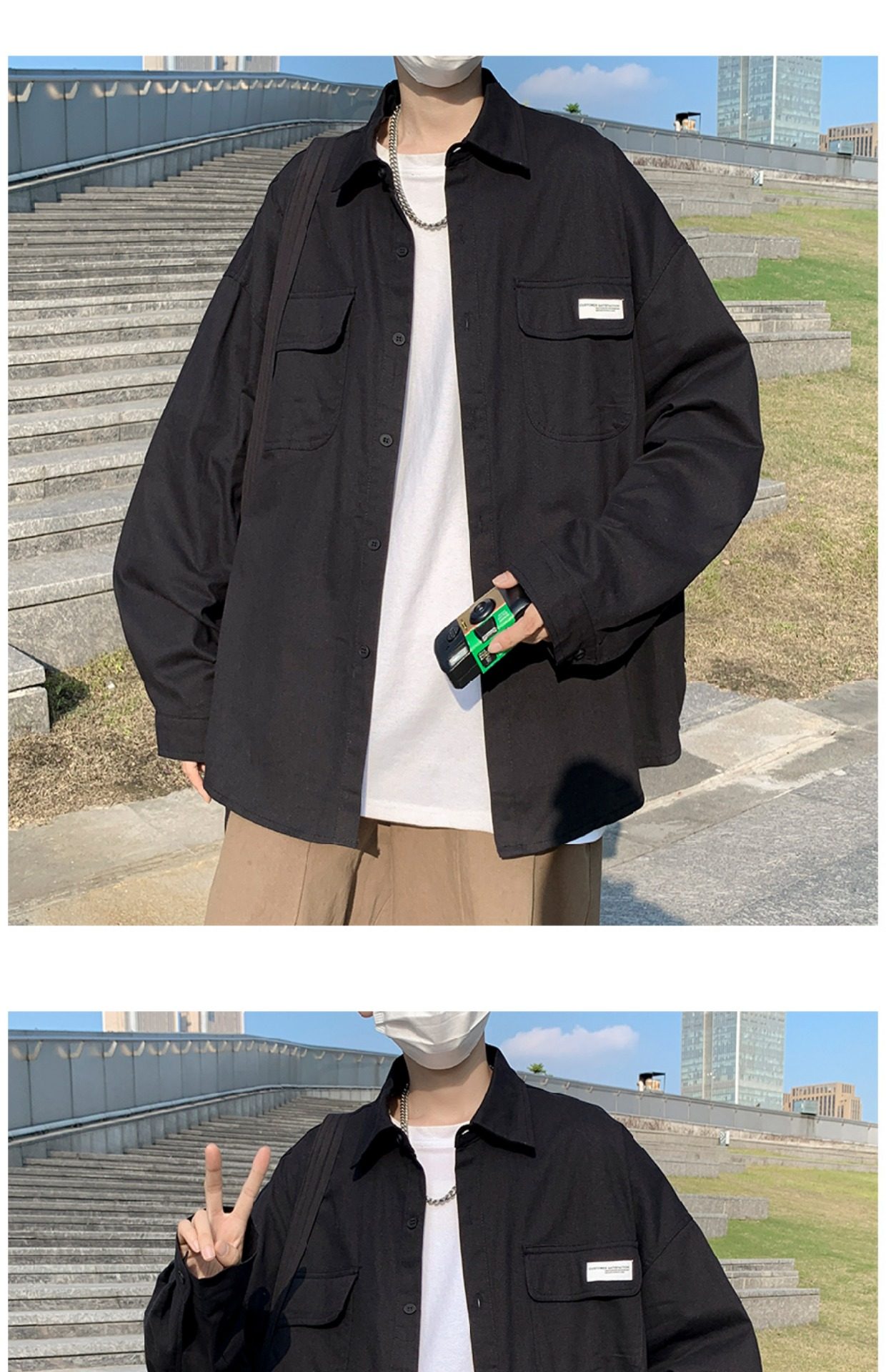 日系cityboy翻领衬衫男春秋季宽松百搭简约纯色外套帅气工装上衣详情19