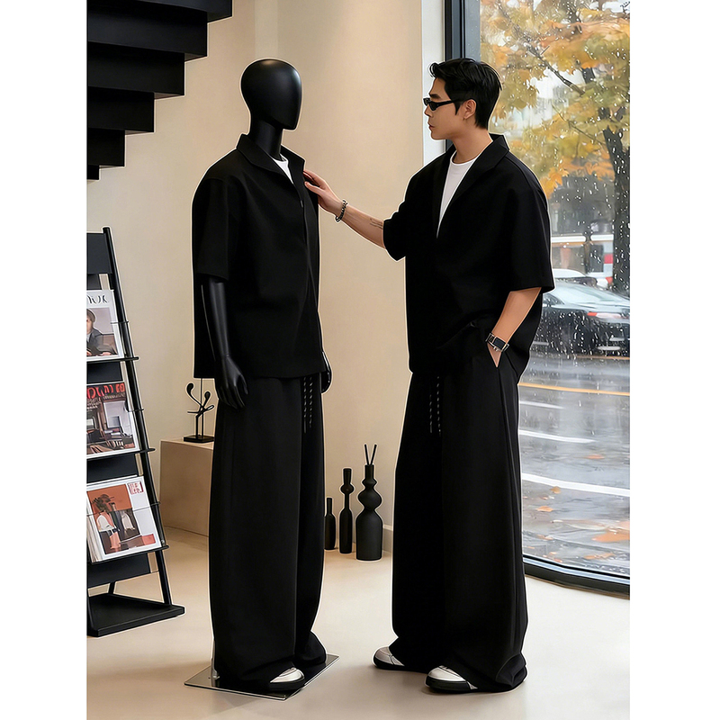 Black Faux Two-Piece V-Neck Short-Sleeve Shirt for Men, Paired with a Set of High-End Old Money Style Drapey Straight-Leg Dress Pants