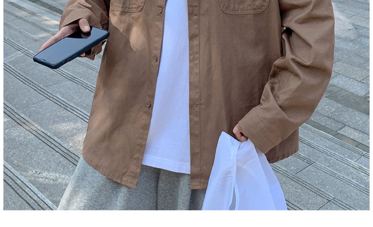 日系cityboy翻领衬衫男春秋季宽松百搭简约纯色外套帅气工装上衣详情30