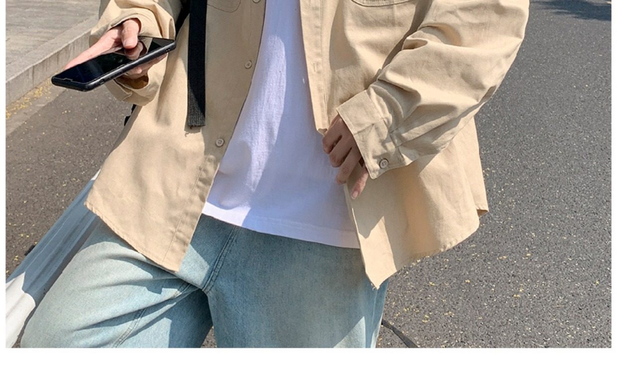 日系cityboy翻领衬衫男春秋季宽松百搭简约纯色外套帅气工装上衣详情8