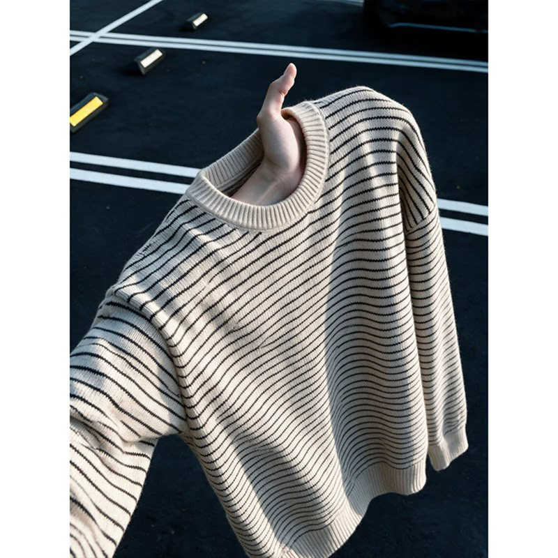 Cleanfit Striped Crew Neck Sweater for Men, Autumn and Winter, Lazy Style Knitwear, American Retro Loose Base Shirt Top