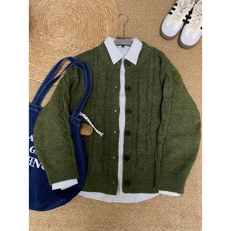 Army Green Cable Knit Cardigan Sweater for Men, Autumn Vintage Old Money Style, Relaxed and Lazy Vibe Knitwear Jacket