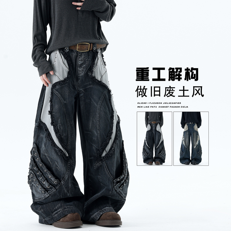 Heavy-Duty Raw Edge Deconstructed Workwear Jeans for Men, Autumn Style, American Street Subculture, Wasteland Style, Distressed Wide-Leg Pants Heavy-Duty Raw Edge Deconstructed Workwear Jeans for Men, Autumn Style, American Street Subculture, Wasteland Style, Distressed Wide-Leg Pants