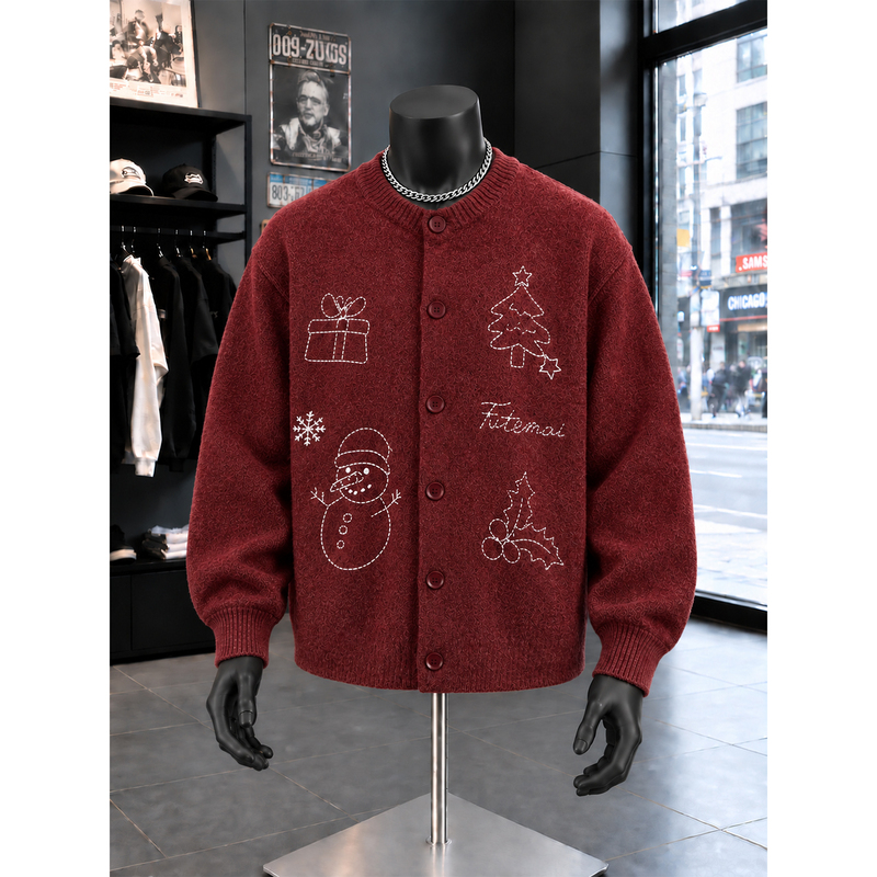 Red Snowman Christmas Embroidered Sweater Jacket for Men in Autumn and Winter American Style Cleanfit Loose Warm Knitted Cardigan Red Snowman Christmas Embroidered Sweater Jacket for Men in Autumn and Winter American Style Cleanfit Loose Warm Knitted Cardigan