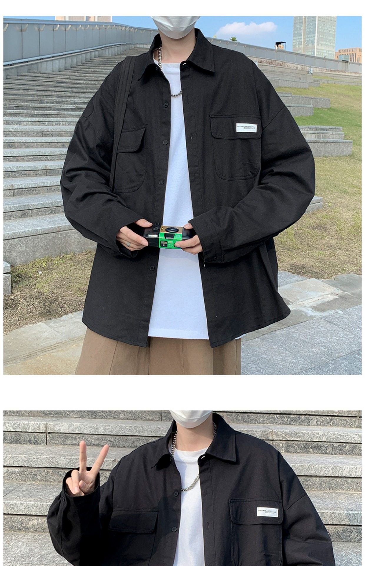 日系cityboy翻领衬衫男春秋季宽松百搭简约纯色外套帅气工装上衣详情21