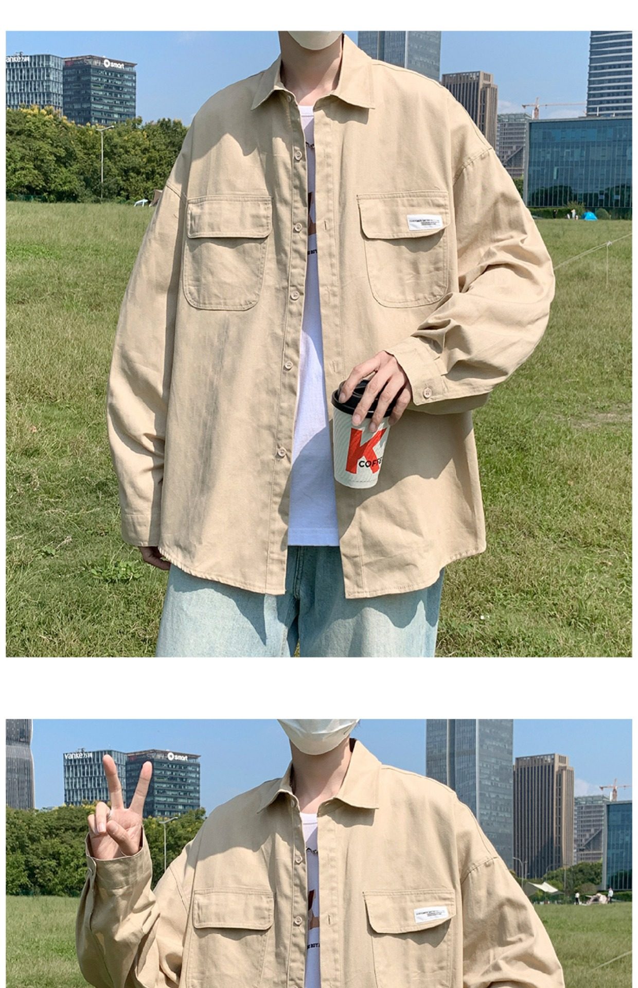 日系cityboy翻领衬衫男春秋季宽松百搭简约纯色外套帅气工装上衣详情3