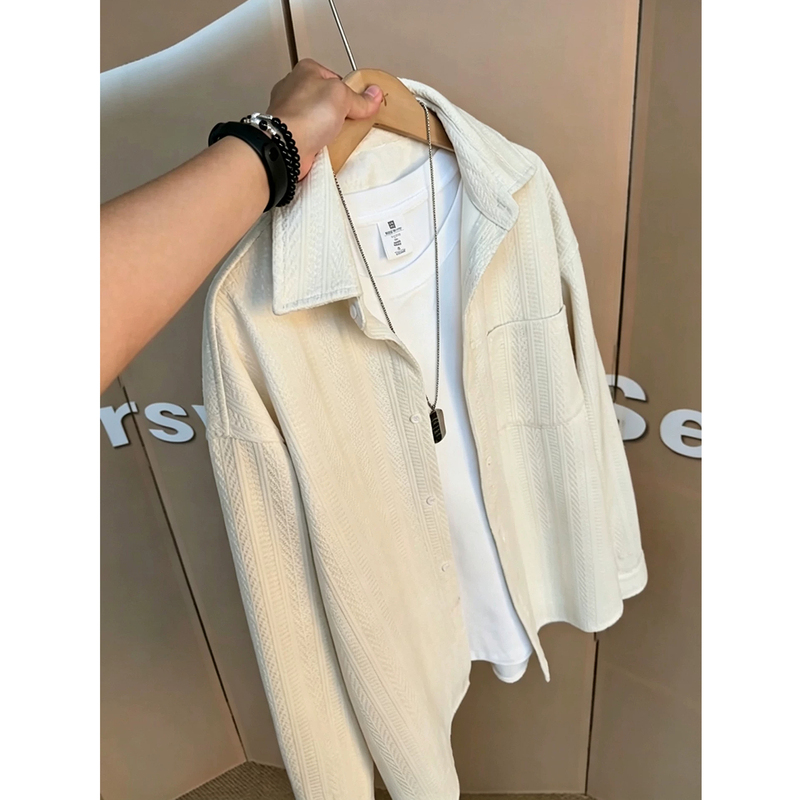Apricot-Colored Wheat Ear Pattern Long-Sleeved Shirt for Men, Spring and Autumn Relaxed Style, Lapel Top, Cleanfit Textured Jacket