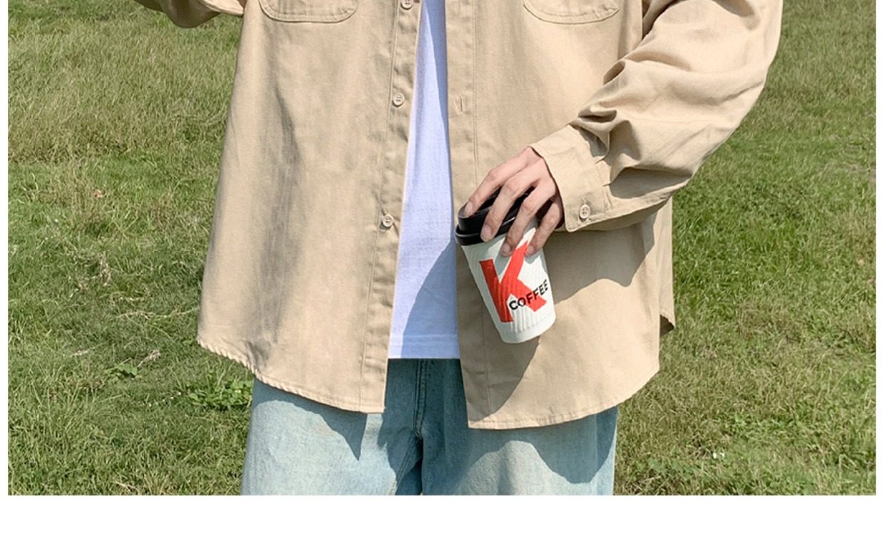 日系cityboy翻领衬衫男春秋季宽松百搭简约纯色外套帅气工装上衣详情4