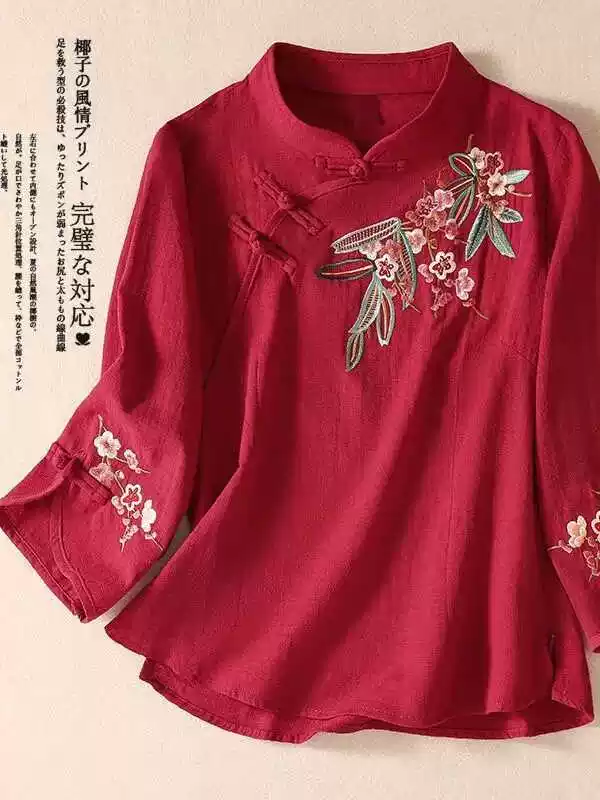 Áo ba lỗ thêu bằng vải lanh và cotton phong cách dân tộc mùa xuân thu cổ điển dành cho nữ có cổ đứng Áo sơ mi trà cài cúc thông thường của Trung Quốc