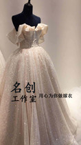 High-end luxury heavy industry 2021 new trailing main wedding dress skirt bride covered arm one-shoulder starry sky wedding dress