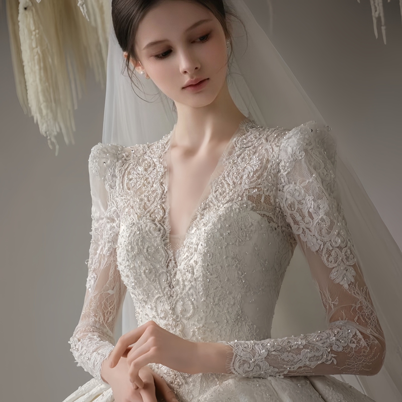 Bridal Main Wedding Dress 2026 New Style V-Neck Long-Sleeve Trailing Court-Style High-End Plus-Size Maternity Light Tulle Petite