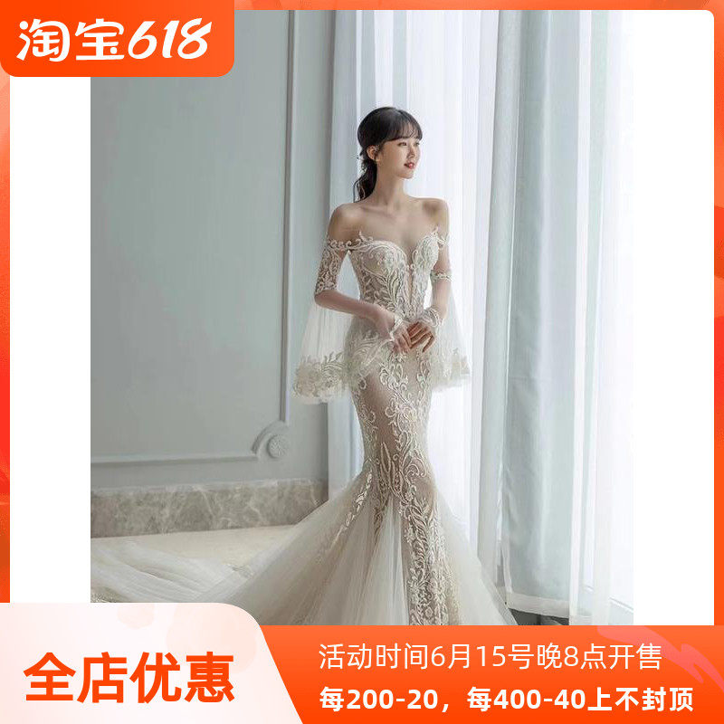 Fan-style light wedding dress 2021 new bridal brief male main wind fish tail small crowdsourced wedding gown dress long sleeves