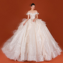 One-shouldered 2021 new bride French starry sky wedding dress forest super fairy dream simple luxury princess style quality