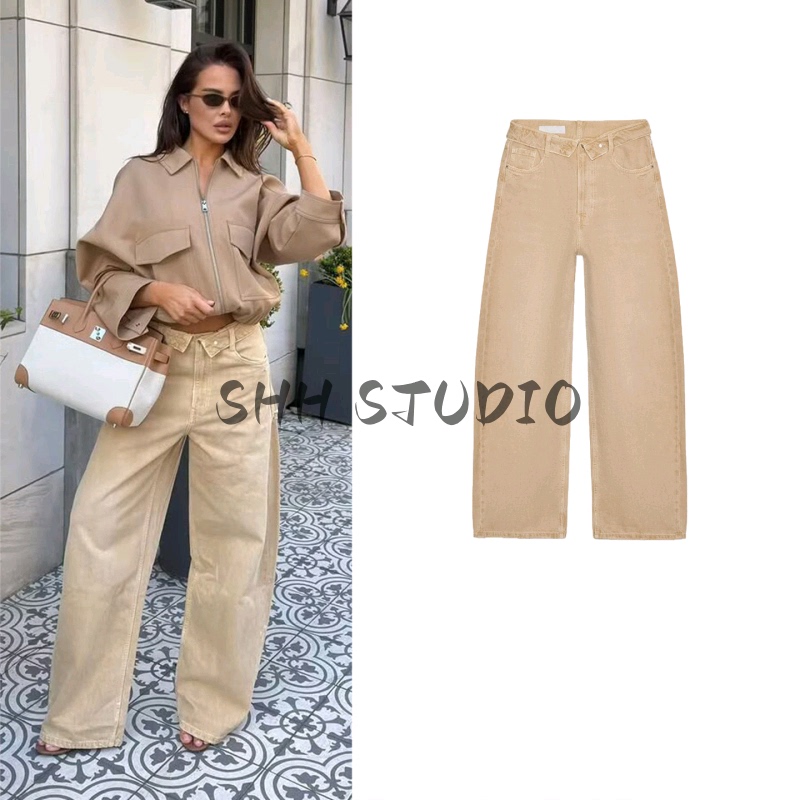 Spring and Summer New Women's Clothing Metal Button Zipper Fold-Over Waist Mid-Waist Casual Jeans 5252014