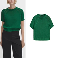 MD Spring New Ragsling Ryeve Round Seck Dopamine Vacation French Green с коротким рукавом вязаный топ 5600543