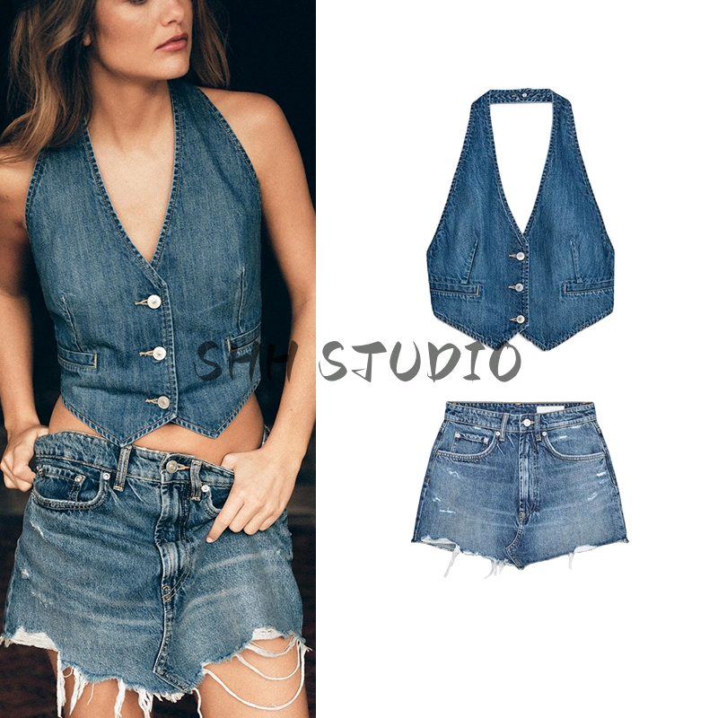 Denim Halter Neck Top 8197065 Ripped Denim Mid-Waist Mini Skirt 8727090
