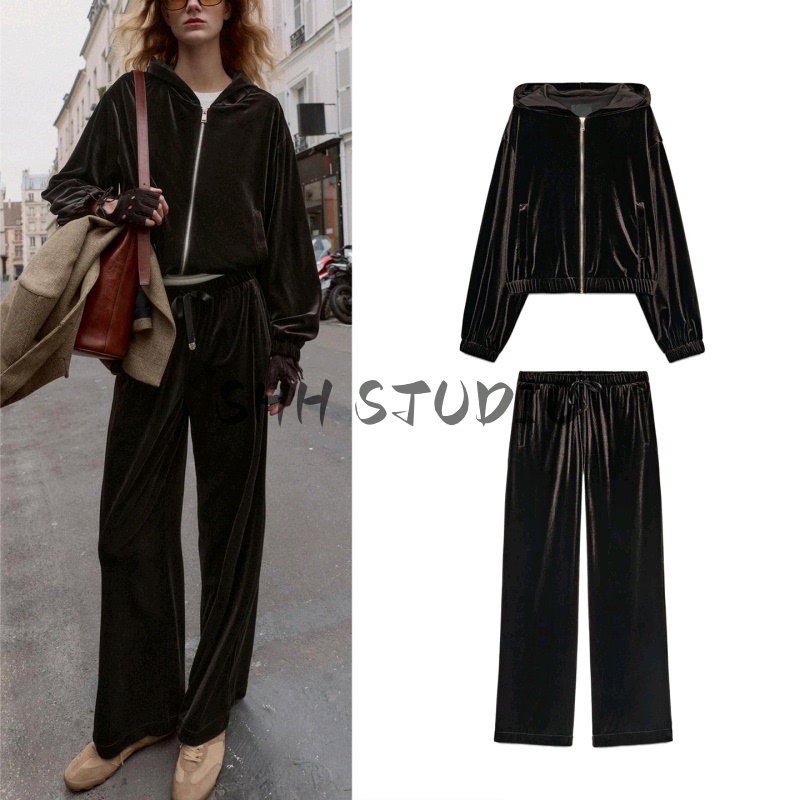 Pocket-Trimmed Long-Sleeved Hooded Velvet Jacket 4745223 Lace-Up High-Waisted Wide-Leg Trousers 4745224 Pocket-Trimmed Long-Sleeved Hooded Velvet Jacket 4745223 Lace-Up High-Waisted Wide-Leg Trousers 4745224