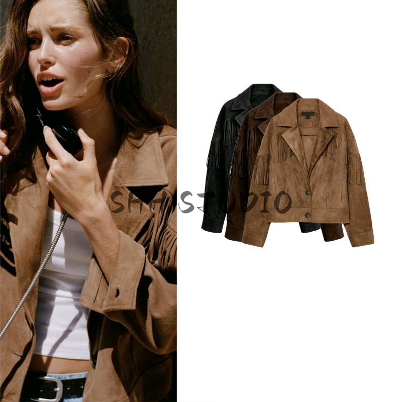 Spring and Summer New Women's Clothing Lapel Long-Sleeved Tassel-Decorated Suede Texture Effect Short Jacket 4968034 Spring and Summer New Women's Clothing Lapel Long-Sleeved Tassel-Decorated Suede Texture Effect Short Jacket 4968034