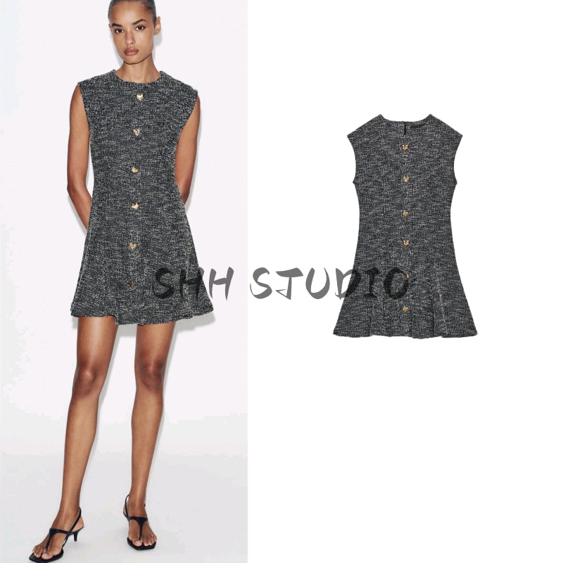 Summer New Women's Clothing Metal Button Decorated Sleeveless Round Neck A-Line Hem Short Dress 5039180