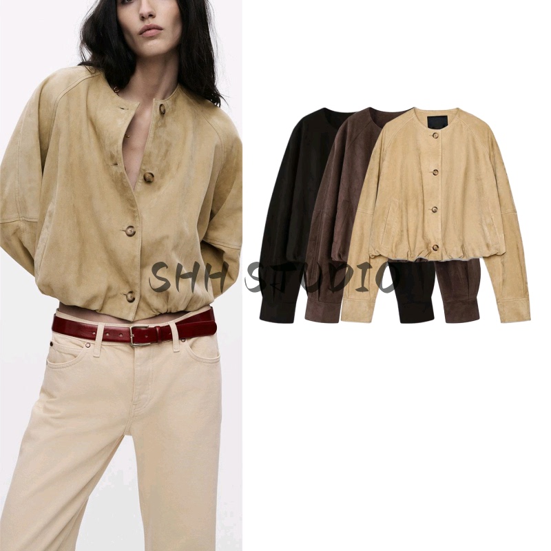 Autumn Women's Balloon Hem Round Neck Long Sleeve Suede Texture Leather Jacket 3322043