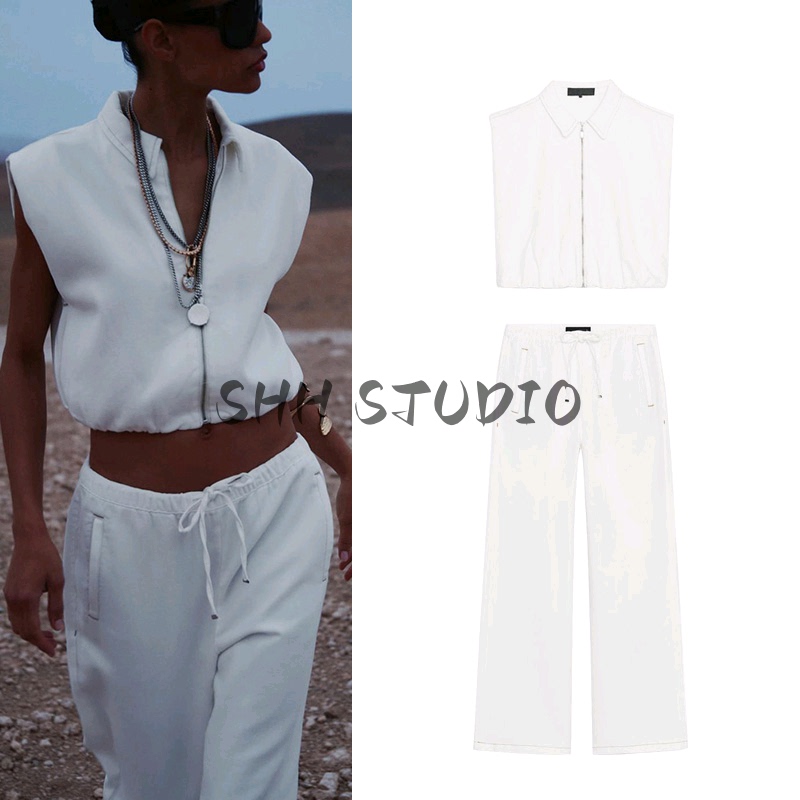 Elastic Hem Sleeveless Top with Stitching Detail 7484154 Jogger-Style High-Waisted Casual Jeans 7484153