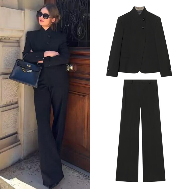 Long-Sleeved High-Neck Buttoned Blazer 2237570 Zippered Long High-Waisted Loose Pants 7149057