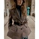 New winter women's lapel long-sleeved shoulder pads and belt herringbone twill suit jacket 4387263