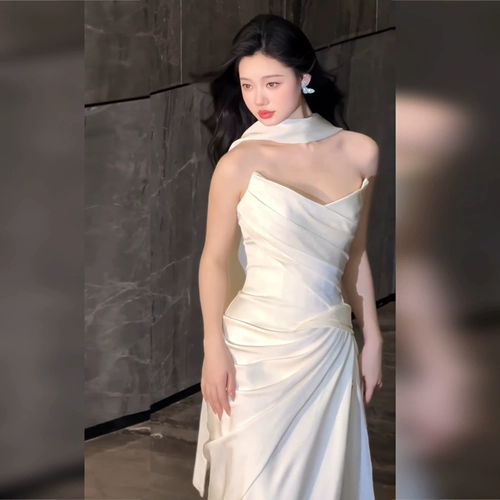 Белое свадебное платье, топ без лямок, французский стиль, крой «рыбий хвост», кружевное платье, изысканный стиль