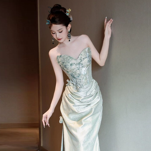 Небольшое свадебное платье для невесты, вечернее платье, топ без лямок, китайский стиль