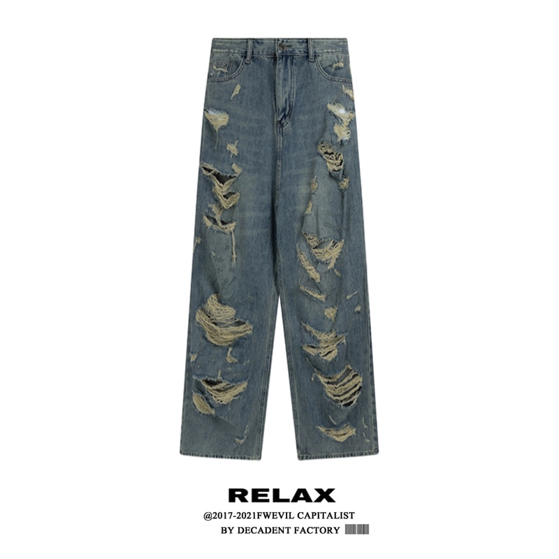 Ax High Street American Vibe Loose Straight-Leg Ripped Distressed Distressed Jeans Vintage Washed Denim Pants Elephant Pants