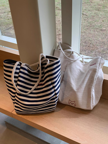 条纹帆布包大容量托特包慵懒风新款单肩包女大学生上课通勤包布袋