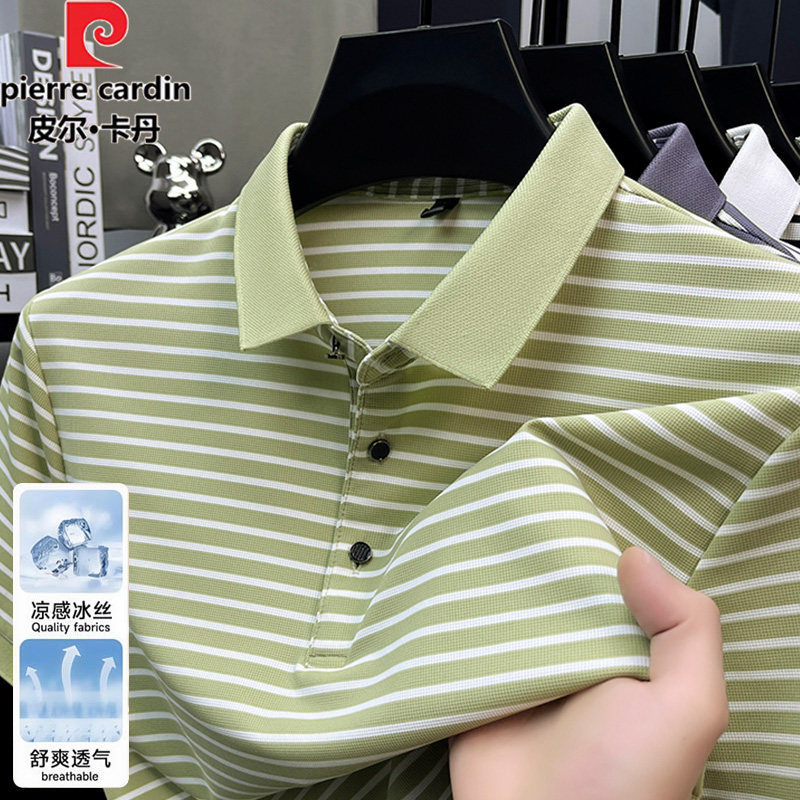 Pierre Cardin Ice Silk Short-Sleeve T-Shirt for Men, Summer New Casual Striped Polo Shirt with a Turn-Down Collar