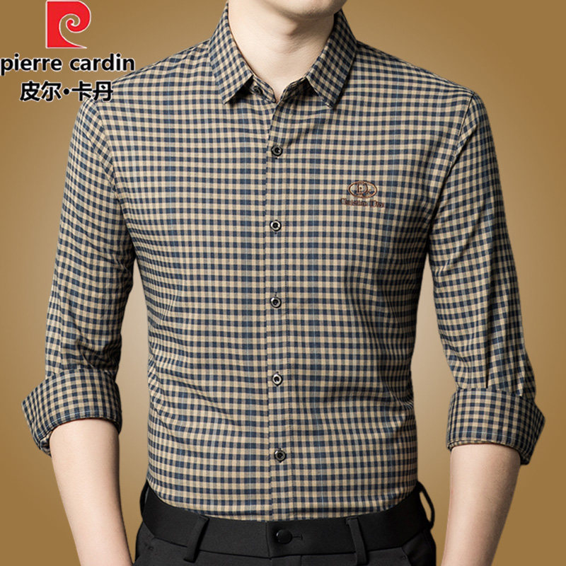 Pierre Cardin Plaid Long-Sleeved Shirt for Men, New Spring and Autumn Style, Thin Casual Loose Shirt for Middle-Aged Dads