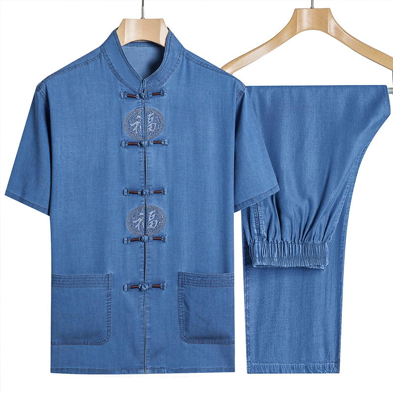Old man Tang suit Male short sleeve cotton hemp 50 50 60 70 70 old Dad summer clothing suit Grandfather Summer clothes slim fit
