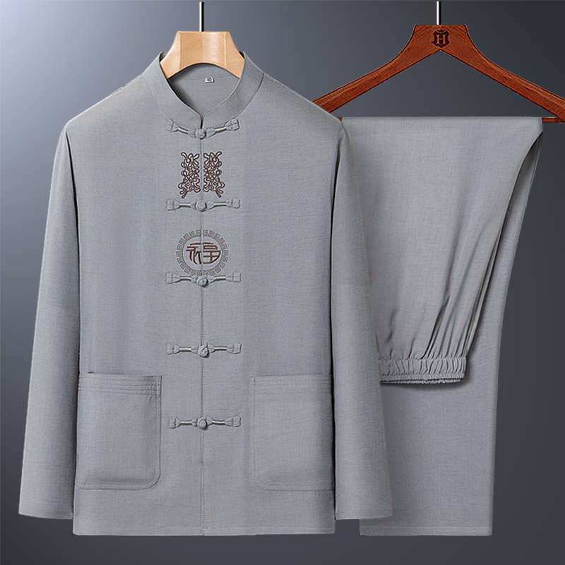 Middle Aged Tang Dress Men's Grandpa Summer Dress Long Sleeve Daddy Suit China Wind Embroidery Summer Thin Ice Silk Clothes