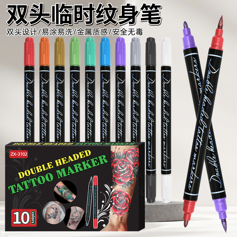Double-Ended Temporary Tattoo Pen, 10 Colors, Body Painting Pen, Easy to Apply, Easy to Wash, Safe, Non-Toxic, Skin Tattoo, Hand-Painted