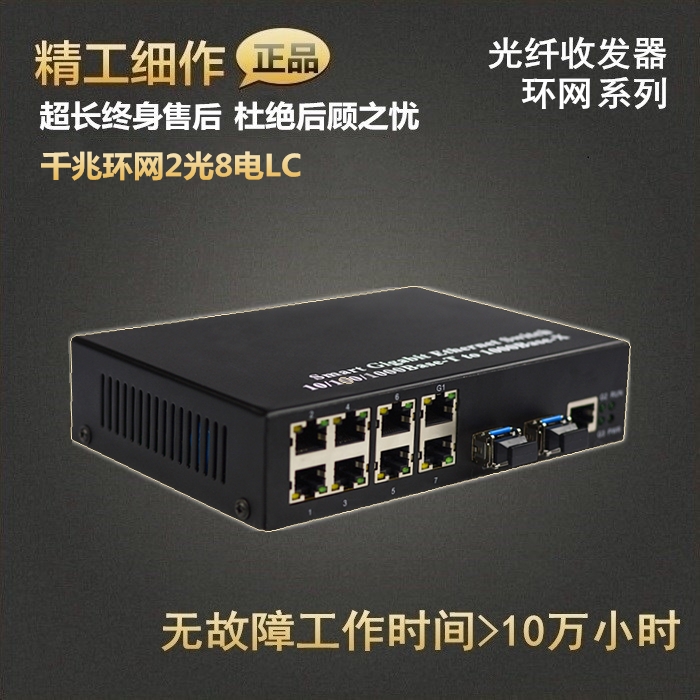 Gigabit 2 optical 8 ring network switch redundant self-healing SFP LC port multi-channel group ring optical fiber transceiver