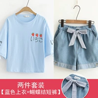 Комплект, синяя клубника, шорты с бантиком, короткий рукав