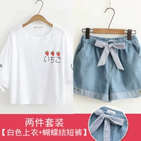 Комплект, белая клубника, шорты с бантиком, короткий рукав
