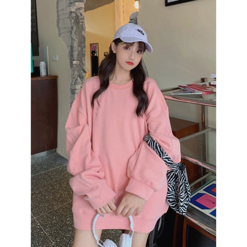 Лонгслив для отдыха, розовая утепленная толстовка, по фигуре, в корейском стиле, 2020, осенний