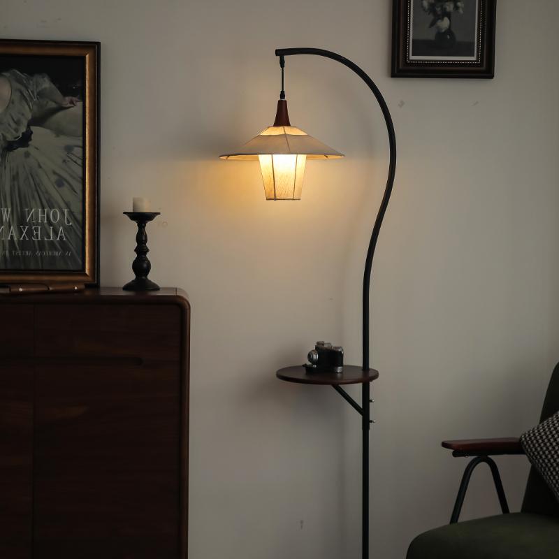 Vintage-Style Living Room Sofa Side Table Floor Lamp with Integrated Shelf, Bedroom Bedside Retro Atmosphere Fishing Lamp