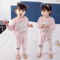 Childrens flannel pajamas autumn and winter plus velvet thickened coral velvet girl baby spring and autumn long sleeve warm set